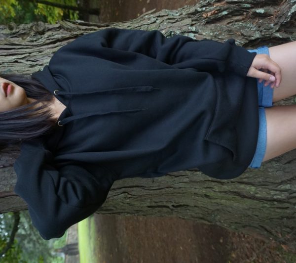 black hoodie denim short for autumn & spring style